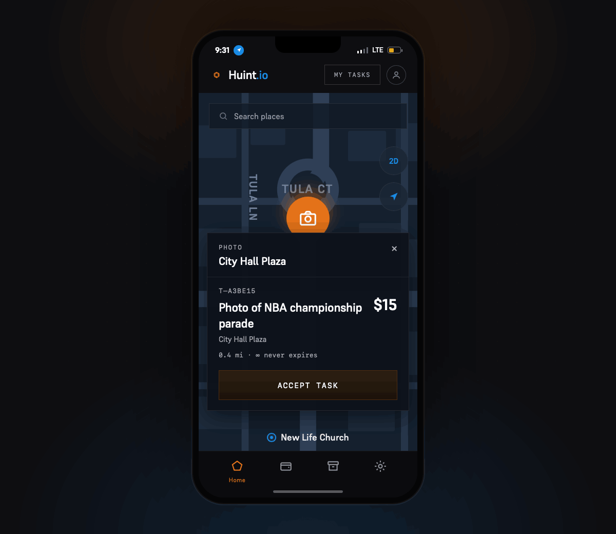 Huint mobile app showing a photo task at City Hall Plaza