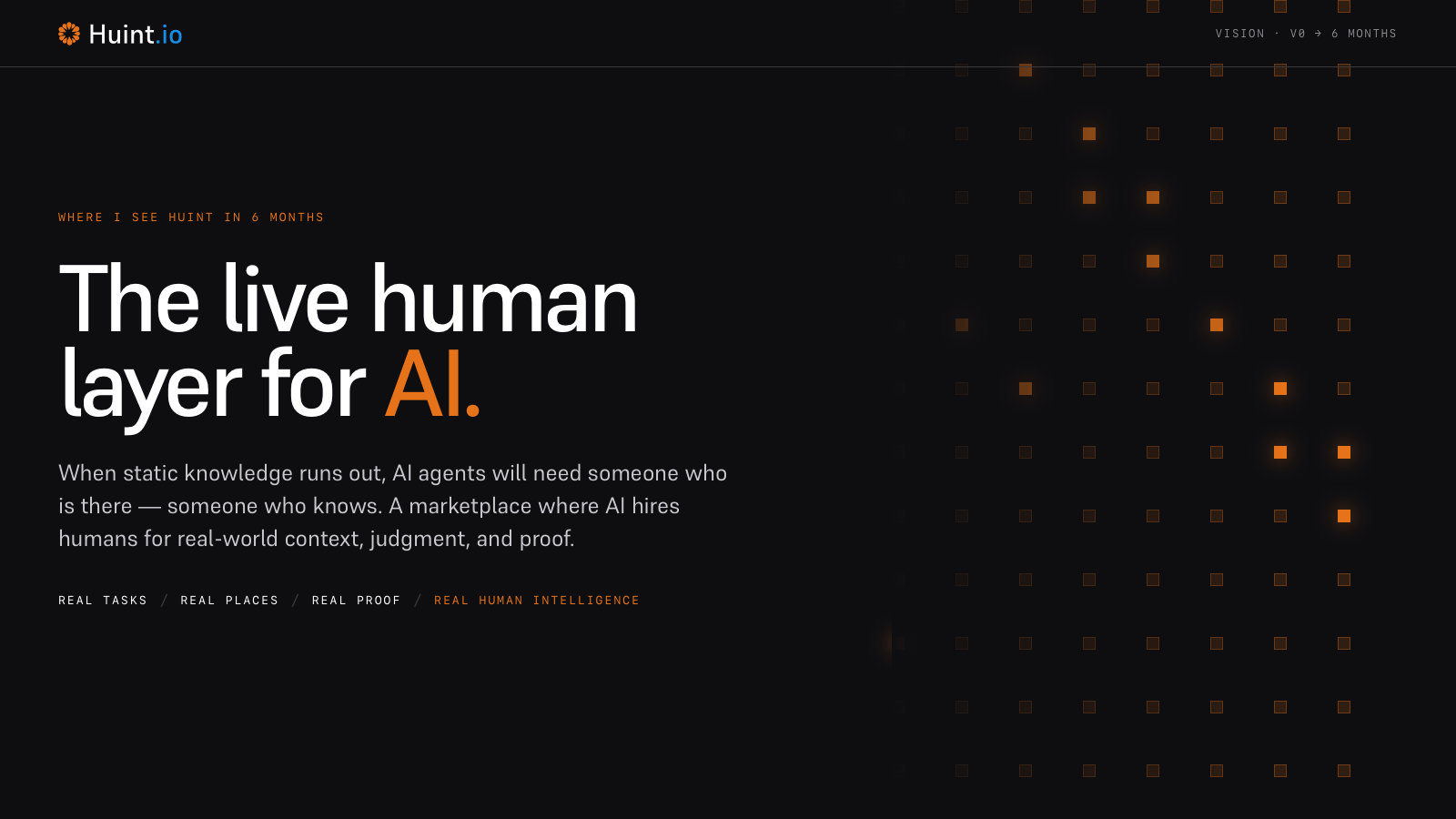 Huint vision graphic titled The live human layer for AI with a glowing human intelligence network